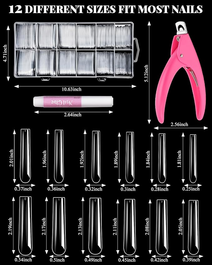 MORGLES Extra Long Tapered Square Nail Tips, 240 Pcs 3XL Full Cover Fake Tips Clear Nail Kit with Glue, Clipper, Files and Cuticle Fork for Acrylic Home DIY with Box