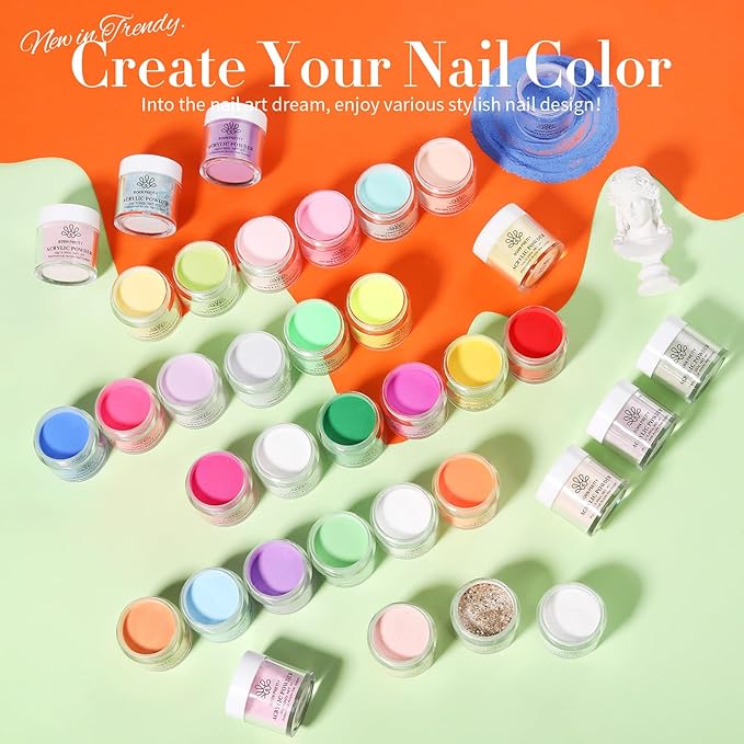 Born Pretty Acrylic Powder Set 36 Colors Spring Summer Acrylic Nail Powder Nude Pink Red Green Blue Purple Yellow Professional Polymer 3D Nail Art Kit for French Extension Carving Valentines Day Gift