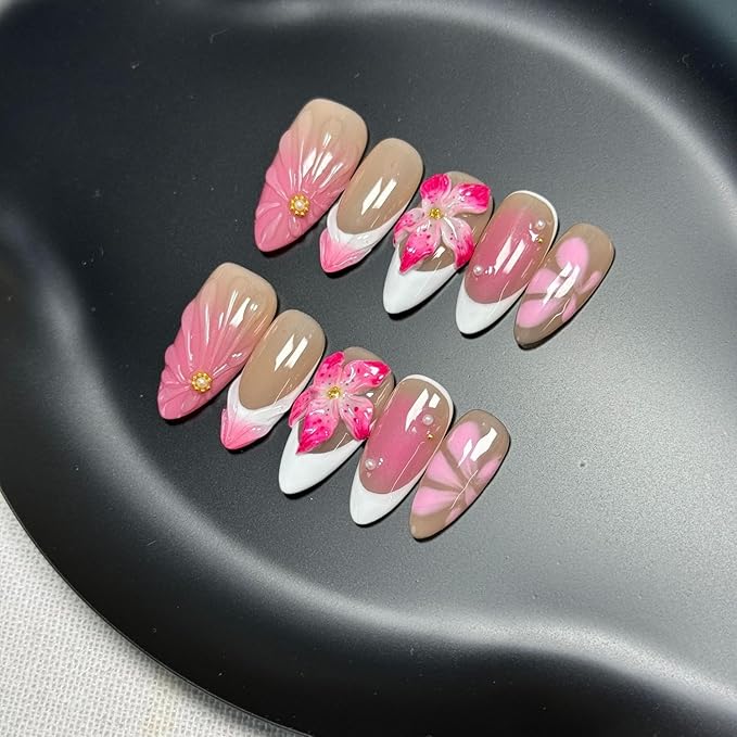 White French Tip Press on Nails Flower Fake Nails with 3D Water Rpple Luxury Pearl Designs Handmade Press on Nails Pink Gradient False Nail Full Cover Thick Acrylic Nail for Women Nail Art (Size S)
