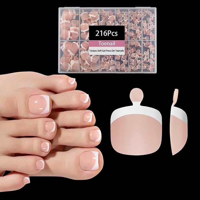 216pcs French Tip Press on Toenails Short Square，OPkssnails Skin Toe Nail Press On, Pre-Designed Soft Gel Toe Nail Tips, Soak off Acrylic Fake Toe Nail Extensions 12 Sizes