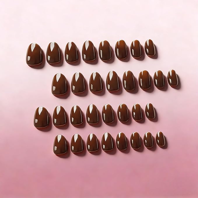 KQueenest Press On Nails Short - Gray Brown Press On Nails Oval, 32 Pcs 16 Sizes Natural Short Fake Nails Press ons Almond, Reusable Opaque Glossy Taupe Glue on Nail with Glue for Everyday Office Wear