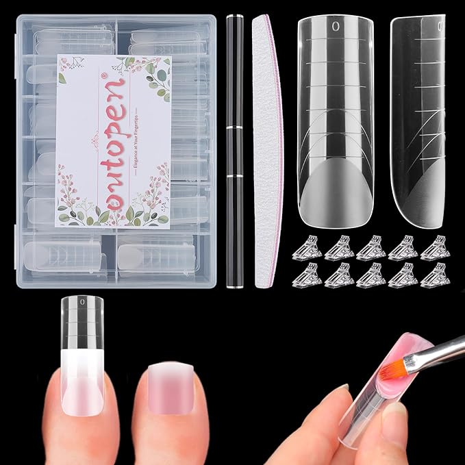 120pcs Long Square Dual Toe Nail Forms Clear Matte Full Cover Toenail Art Mold with Scale for Polygel Extension Beginners DIY Manicure with Dual-ended Brush Nail File Coffin Nails 12 Sizes