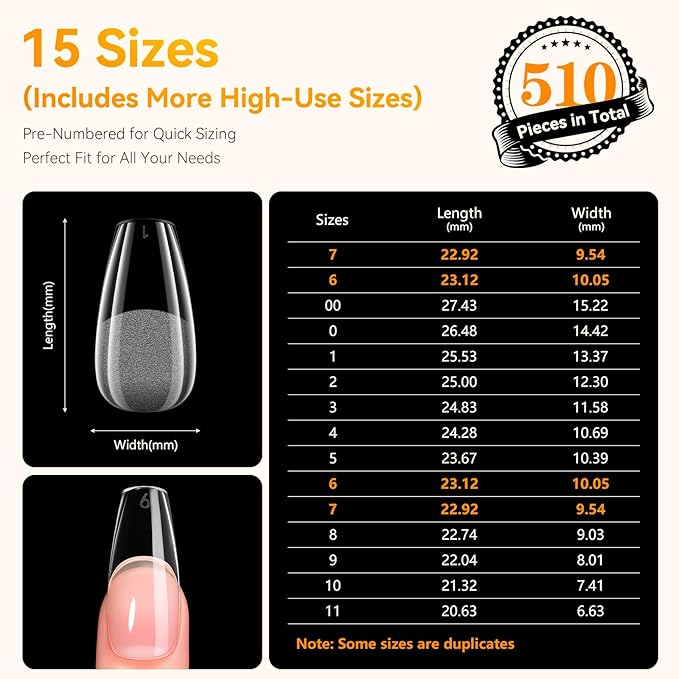 Makartt Nail Tips: 510pcs Full Cover Medium Coffin Fake Nails, 15 Sizes Soft Gel Half Matte Pre-shape Soak Off for Press on Nails DIY for Extension No Crease Acrylic Nail Manicure DIY Salon Home