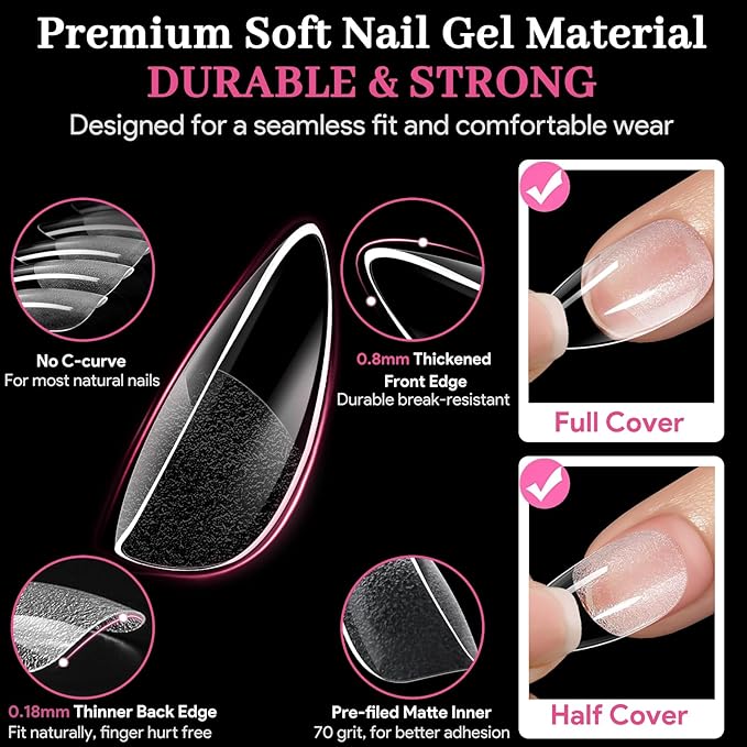 Medium Almond Fake Nail Tips, 15 Sizes 240 PCS Clear Half Matte Press On False Nail Tips Pre-shaped Full Cover Gel Nail Acrylic Soft Tips Extensions Thick Long Lasting for Home DIY Nail Salon