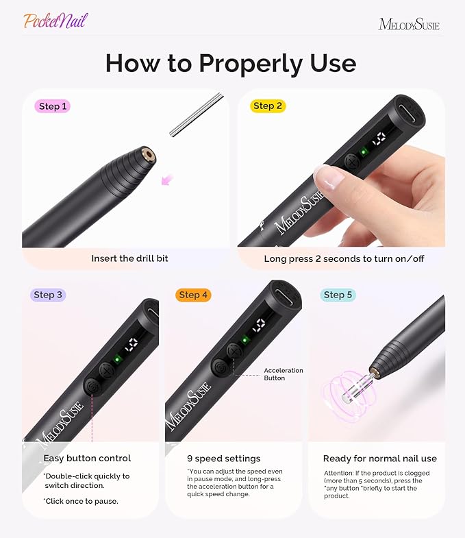 MelodySusie PocketNail Pen-Shaped Cordless Modular Nail Drill, PC100GR 20000RPM Slim Portable Rechargeable Electric File for Manicure Pedicure Nail Care, Shaping & Gel Removal at Home for Beginners