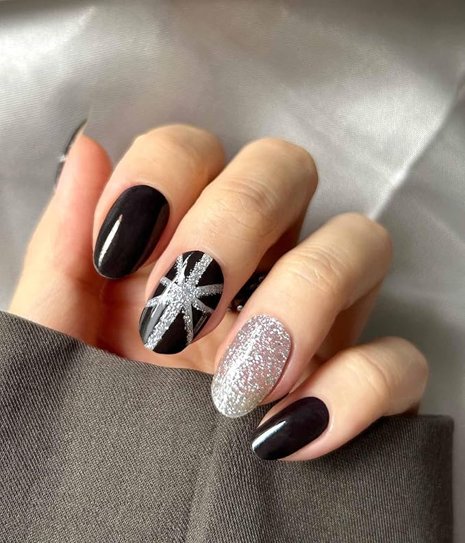 Nail Polish Strips (No UV Lamp Needed) - 22 Pcs Salon Quality Gel Nail Stickers - Long Lasting Wraps (Saint Black Glitter)