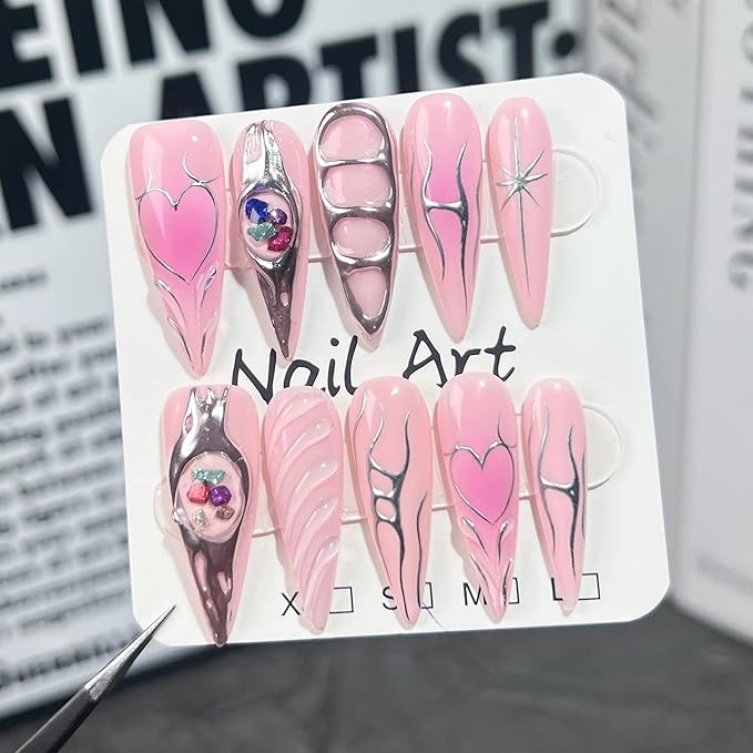 10Pcs Long Press on Nails Handmade Luxury Reusable Fake Nails Pink Almond Ombre False Nails with 3D Design Acrylic Gel Nails Full Cover Stick on Nail for Women (Size M)