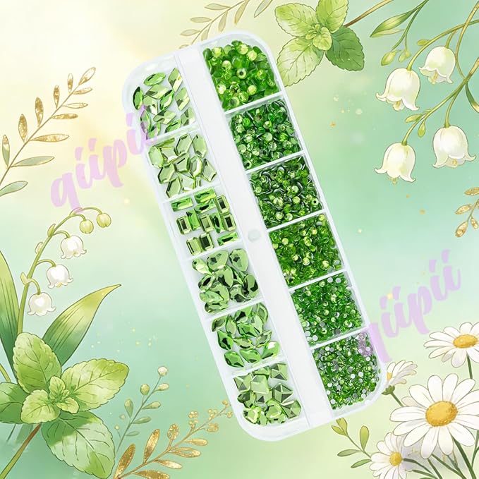 2052Pcs Light Green Nail Rhinestones Grass Green Nail Charms Multi Shapes Crystal Flatback Rhinestones Gems Round Beads Glass Stones Diamonds Jewels Art for Nails Faces Eyes Makeup DIY Crafts