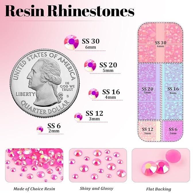 Resin Rhinestones for Crafting with 3Pcs 10ml B7000 Jewelry Glue, 3 Boxes Hot Pink AB Flatback Gems Crystals Diamond for Bedazzling Crafts DIY Nail Art Makeup,Gems for Clothing Tumblers Shoes