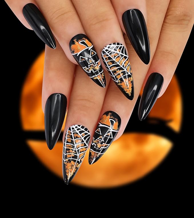Morily Halloween Press on Nails 24Pcs Black Stiletto Fake Nails Medium Length with Pumpkin Spider Web Design Acrylic Artificial Glossy Almond Stick on False Nails for Women (Black Cobweb Gold Glitter)