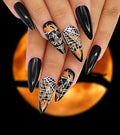 Morily Halloween Press on Nails 24Pcs Black Stiletto Fake Nails Medium Length with Pumpkin Spider Web Design Acrylic Artificial Glossy Almond Stick on False Nails for Women (Black Cobweb Gold Glitter)
