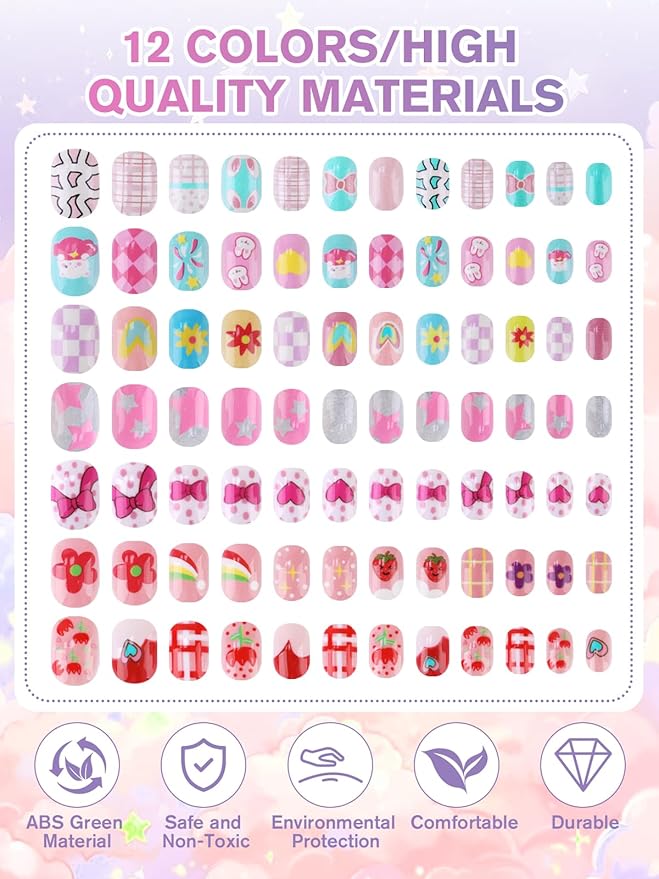 EBANKU 168Pcs 7 Pack Press on Nails for Kids Children Fake Nails Stick on Nails Full Cover Gradient Color Short Acrylic Nail Tip with Nail Glue for Christmas Party