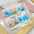 Handmade Press on Nails Duck Short Fake Nails with 3D Rhinestones and Heart Designs Flower Press on Nails Gradient French Acrylic for Women Art Manicure (Size S）