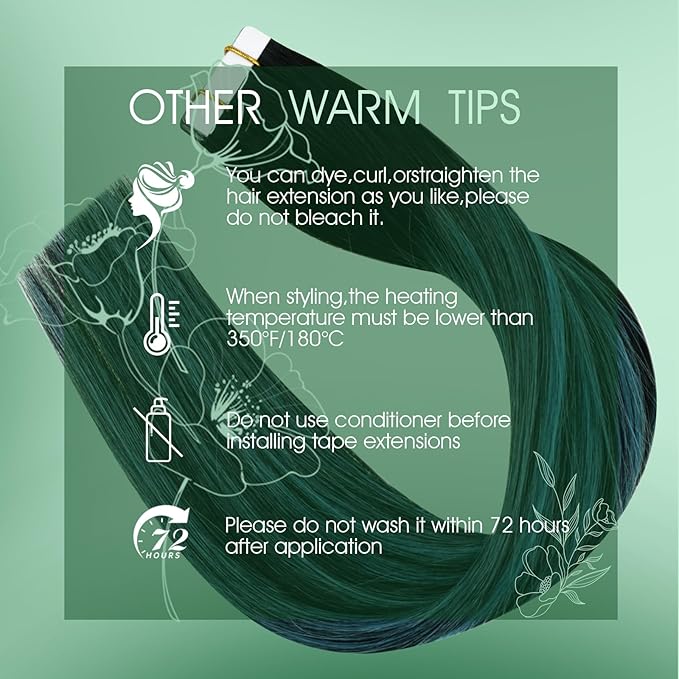 RUNATURE Ombre Tape in Hair Extensions Human Hair Off Black Fading to Teal Blue Tape ins Human Hair Extensions 16 Inch Straight Dark Green Extensions Hair Tape in Blue Full Ends 50g 20pcs