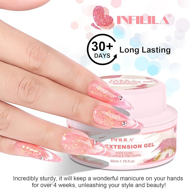 NXJ INFILILA Glitter Poly Nail Gel, Hot Pink Colors Poly Extension Gel Nail Enhancement, Thickening Glossy Builder Home DIY Salon Use for Girls UV/LED Nail Lamp Required P11