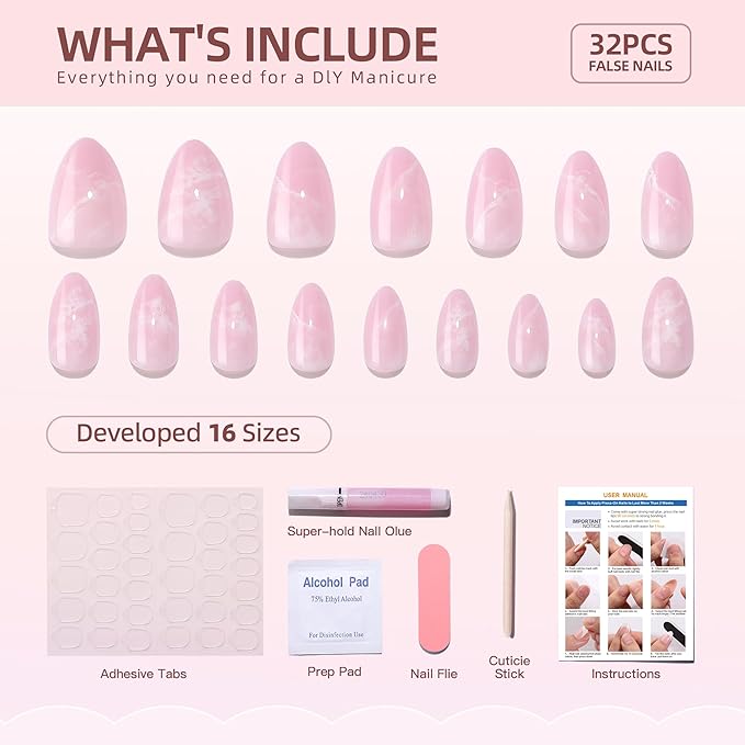 Gel Press On Nails Short- Almond Press On Nails, Short Fake Nails with Marble Designs, Artificial Nails 16 Sizes - 32Pcs Reusable Soft Gel False Nails Tips Kit，Glue On Nails Short