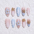 10 Pcs Handmade Almond Press on Nails Short Luxury Shell Shaped French tip Fake Nails 3D Starfish Rhinestone Nails Press Ons with Flower Design Full Cover Artificial Acrylic Stick on Nail for Women(M)