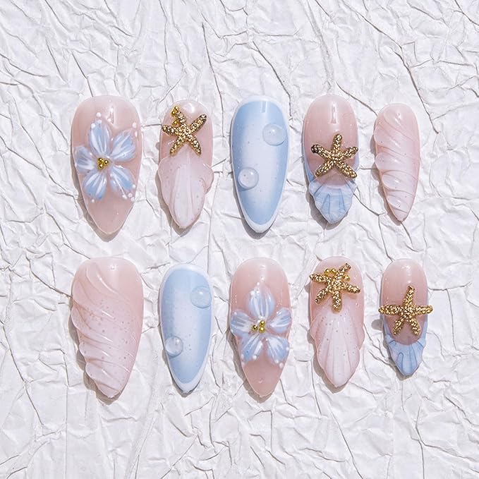 10 Pcs Handmade Almond Press on Nails Short Luxury Shell Shaped French tip Fake Nails 3D Starfish Rhinestone Nails Press Ons with Flower Design Full Cover Artificial Acrylic Stick on Nail for Women(M)