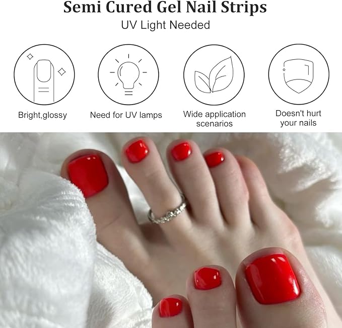 26 Pcs Semi Cured Gel Toe Nail Strips Red Solid Gel Nail Stickers Full Cover Red Nails Wraps Self Adhesive Toe Nails Polish Strips Stickers for Women UV/LED Light Required