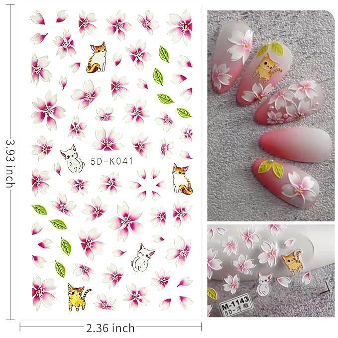 Nail Art Stickers, 5D Embossed Colorful Floral Nail Decals Nail Art Design Self Adhesive Nail Supplies for Women Manicure Decoration