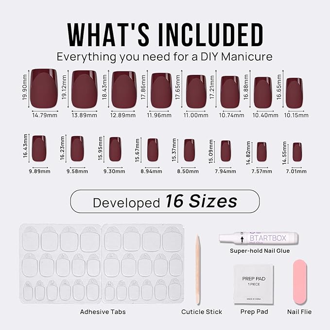 BTArtbox Press on Nails Short Square - Dark Red Nails with Glossy French Tips in a Matte Finish, Soft Gel Fake Nails Glue On Nails in 16 Sizes for for Valentine's Day Gift, Cozy Cocoa
