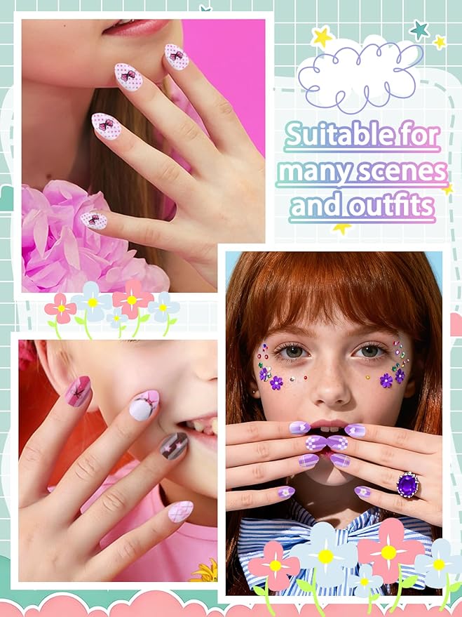 EBANKU 144 Pcs Press on Nail Kids, 6 Pack Mini Kid Flase Nails Kit with Nail Glue Set Fake Nail for Girls Nail DIY Salon Home Decor