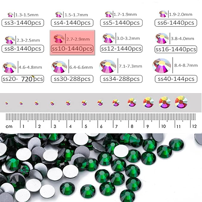 Dowarm 1440 Pieces SS10 Flatback Nail Crystals, 2.8MM Glass Crystal Rhinestones for Craft Nails Dance Costumes, Non Hotfix (SS10 / 2.8MM, Green/Emerald)