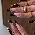 MISUD Press on Nails - Long Square Fake Nails with Burgundy Tortoise, Acrylic Gold Chrome Charms Design 24 pcs