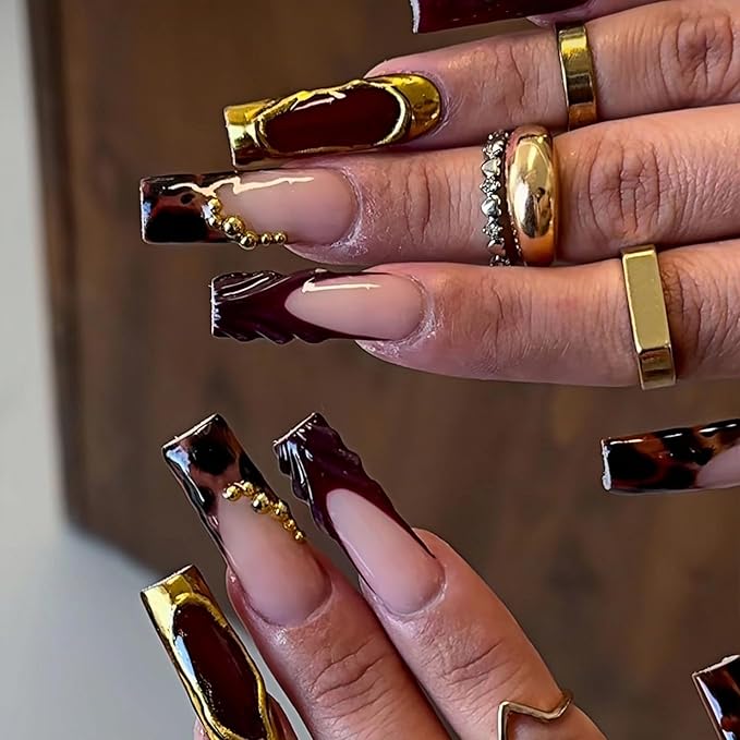 MISUD Press on Nails - Long Square Fake Nails with Burgundy Tortoise, Acrylic Gold Chrome Charms Design 24 pcs