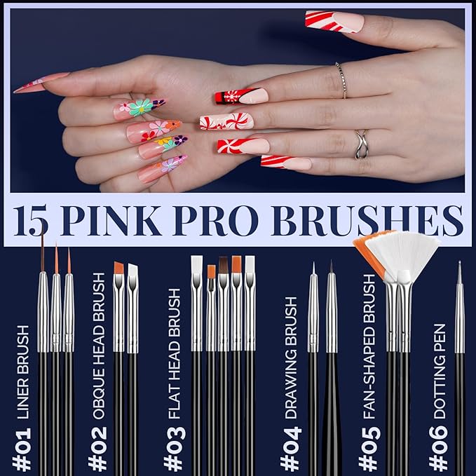 FANDAMEI Nail Art Brushes, Nail Art Kit with 15 Pcs Nail Art Brush, 5 Pcs Dotting Tools, 6 Box Nail Charms and Gems, 10 Flower Nail Stickers, Complete Nail Decoration Art with Nail Art Brushes Black