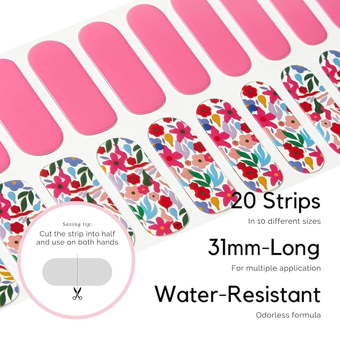 NAILOG Semi Cured Gel Nail Strips, 20 Pcs Pink Flowers Long Lasting Stickers Extra Long Nail Wraps with Glossy Gel Finishing for Spring Summer, Season