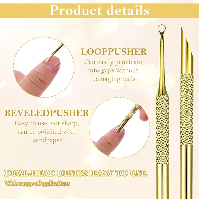 Pre-treatment Cuticle Pusher with 2 Ends, Russian Prep Nail Pushers, Cuticle Remover with Sandpaper Sheets, Nail Care for Manicure Pedicure Nails Art, Gold