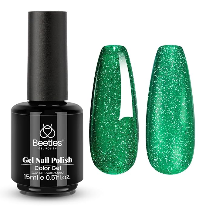 Beetles Green Gel Nail Polish – EverGleam Glitter Gel Polish, 15ml Soak Off UV LED Shimmer Emerald Green Nail Art Color, Long Lasting Glossy Manicurefor Salon and DIY Nail St Patrick Day