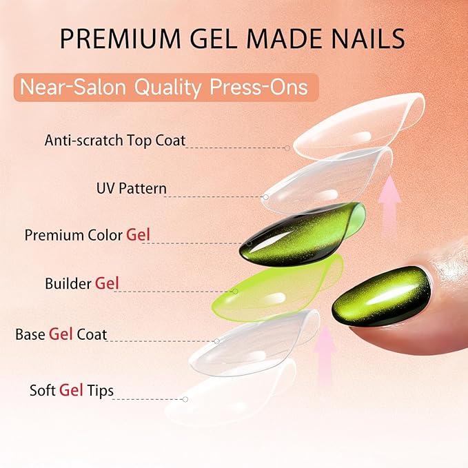 Cat Eye Press on Nails Short, Chrome Press on Nails Oval, Thick Glazed Black Neon Green Fake Nails Press ons for Women Party Prom, Reusable Glitter Glue On Nails Almond in 15 Sizes, 30 Pcs