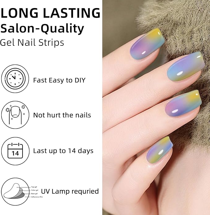Semi Cured Gel Nail Strips,28 Pcs Gel Nail Stickers/Wraps(Colorful Aurora),Long Lasting Polish Stickers UV Cure,Works with UV Lamp,Easy to Apply
