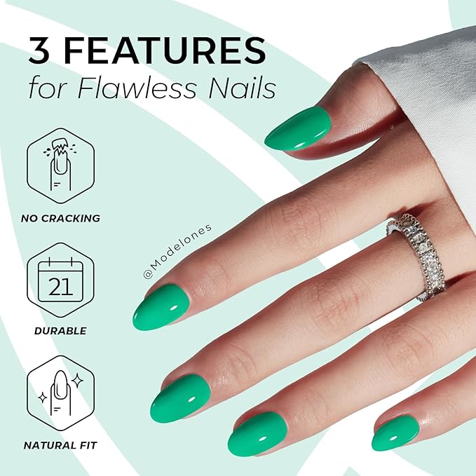 modelones Bright Green Short Press on Nails, Oval Fake Nails Kit Press Ons with Nail Glue, Adhesive Tabs, Nail File, Prep Pad, Manicure Stick, 32Pcs 16 Sizes, Spring Women Girl Gift