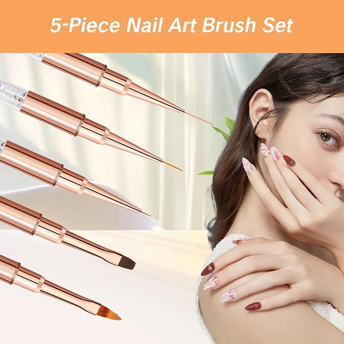 BRBASAP 5Pcs Gel Nail Brush Set Gel Nail Art Brushes with Cap Rose Gold Rhinestone Handle Liner Brush for Acrylic Hard Nails and Young Nails Professional Nail Polish Design Set for Salon DIY