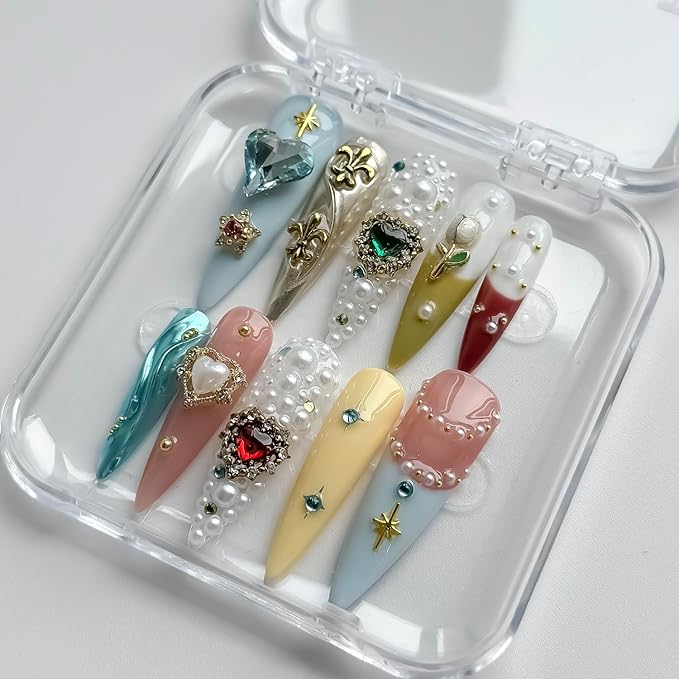 Luxury Press on Nails Long Stiletto Handmade 3D Unique Reusable ABS Material Fake Nails Full Rhinestones False Nails with Designs Flower Heart Charms Glossy Glue on Nail Thick Acrylic Nail(M)