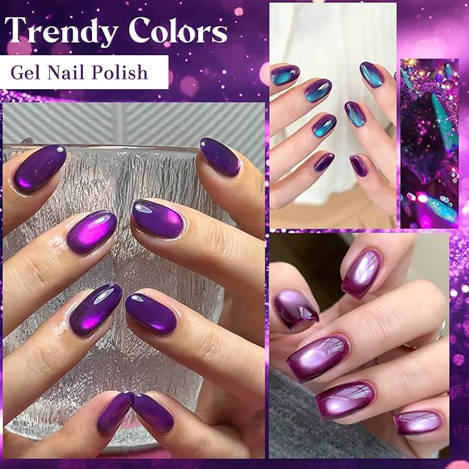 MEET ACROSS 9Pcs Cat Eye Gel Nail Polish Set Glitter Purple Magnetic Gel Polish Kit with Magnet, Sparkly Shiny Magnetic Cateye Nail Polish DIY Manicure Kit 8 Colors