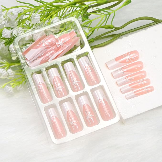 White French Tip Press on Nails Long Square Fake Nails Press ons with Snowflake Designs Winter Glue on Nails Acrylic Full Cover Glossy Acrylic Stick on Nails for Women 24 Pcs