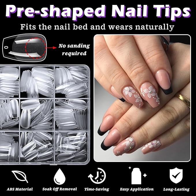 LoveOurHome 360pc Short Coffin Nail Tips Clear Fake Nails, Coffin Gel Nail Tips Full Cover Acrylic Nails Clear Press on Nails Short Ballerina False Nail 15 Sizes Fingernail for Gel Nail Extension