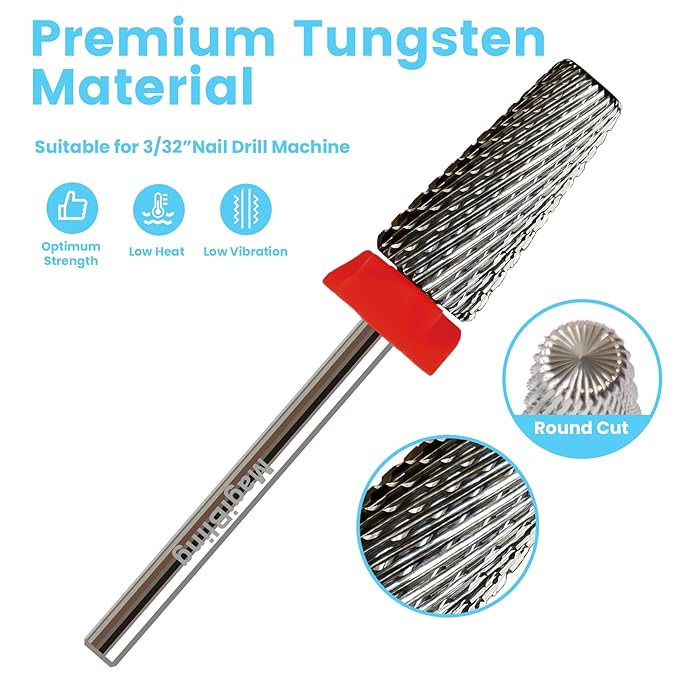 6.6mm Large Tapered Barrel 5-in-1 Nail Drill Bit, 3/32" Safety Cross-Cut Tungsten Carbide Efile Bit for Fast Gel & Acrylic Removal, Two-Way Rotation, Professional Nail Tech & Beginner Bit, Fine.