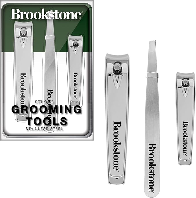 Brookstone Nail Clippers Set - Premium Stainless Steel Nail Clipper and Nail Cutter with Non-Slip Grip, Includes Case and Tweezer, Two Nail Clippers for Precision Grooming (Silver)
