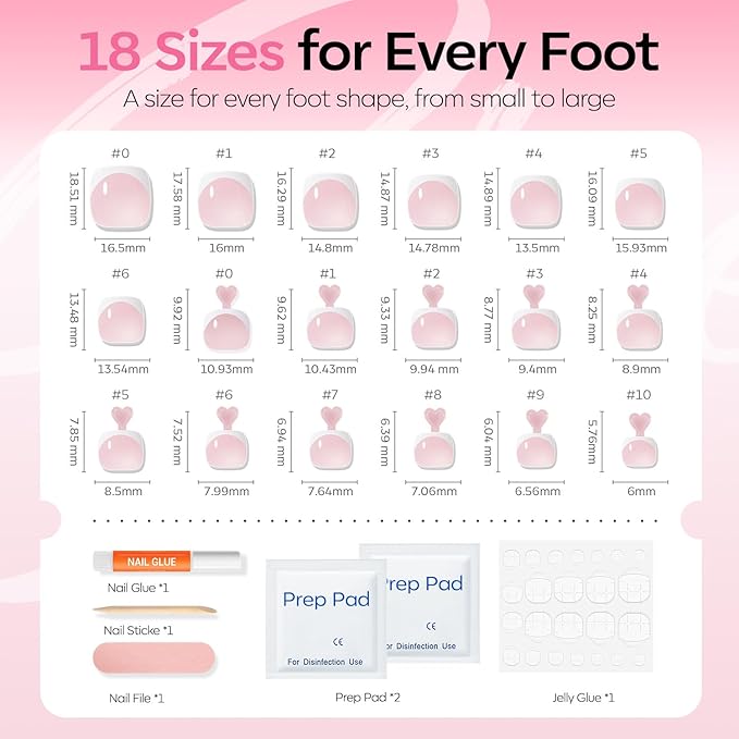 Modelones Press on Toenails Short, Pink French Tip Toe Nails Square, Reusable Nail Kit with Nail Glue Adhesive Tabs Mini Nail File, Toe Nails 36Pcs 18Sizes, Spring Women Girl Gift