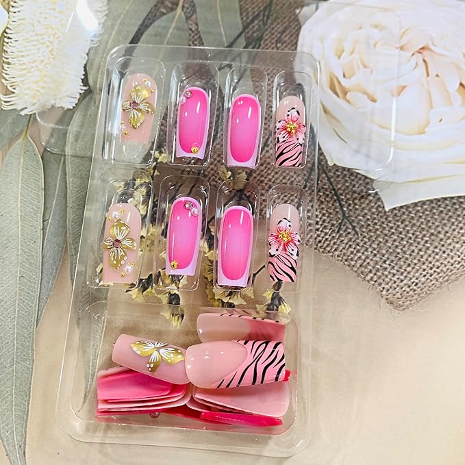 Press on Nails Coffin Long Length Acrylic Glossy Full Cover Square Shaped French False Nails with Designs Artificial Extra Long Fake Nails with Charms Glue ons Fingernails for Women(AS01)