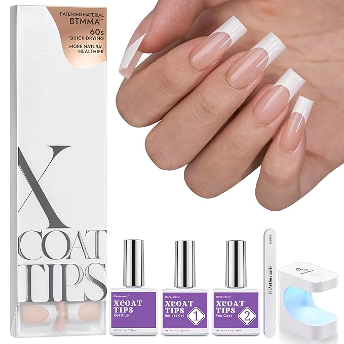BTArtboxnails Nail Tips and Gel Glue Kit - French Tip Press on Nails Long Square XCOATTIPS Nail Kit, Include Glue, Builder Gel, Top Coat, Nail Lamp Nail Extension