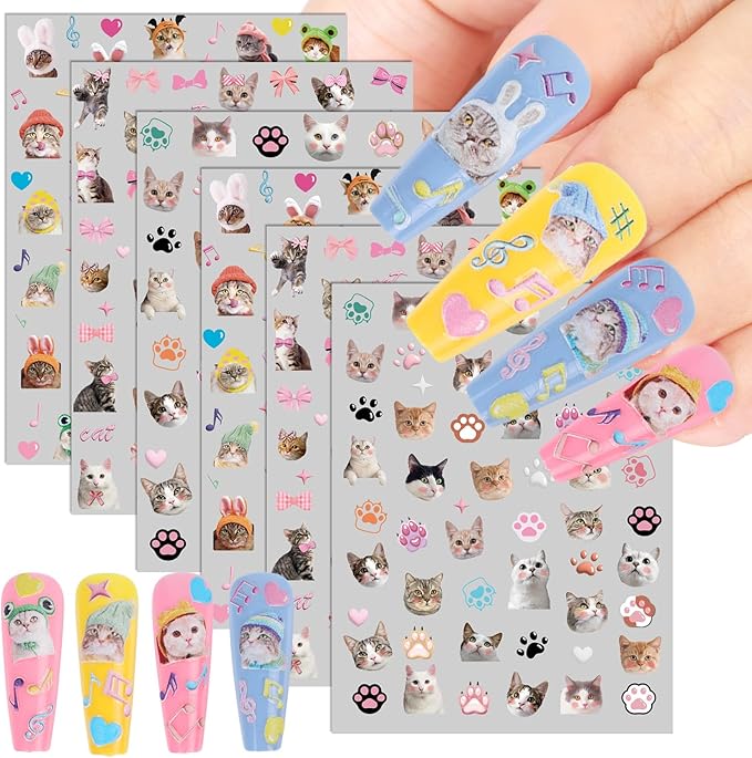 Keluna Cat Nail Art Stickers - 6 Sheets 5D Cute Cat Nail Sticker, Kawaii Animal Nail Decals, Cartoon Paw Print Bow Nail Decal Designs for Women Girls DIY Manicure Decoration Accessories