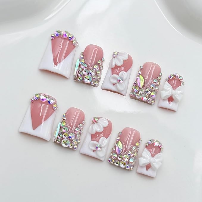 Luxury Rhinestone Medium Duck Press on Nails Handmade Nails with Glue,Nude False Nails with 5D Flower Art Design White French Thick False Nails Muti-Layer Gel Handmade Nail for Women (Size S)