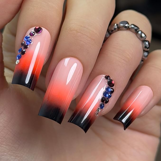 Curvlife Press On Nails – 30PCS Full Cover False Natural Fit Soft Gel Fake Nails Tips, Easy to Apply at Home Glue On False Nails Kit (Ombre Nails with Rhinestones, Long)