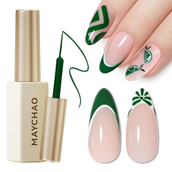 MAYCHAO Green Swirl Gel Liner Nail Art Polish, 8ml Classic Christmas Green Gel Color Built-in Thin Brush, UV Light Cure for French Nail Tips DIY Manicure at Home Salon